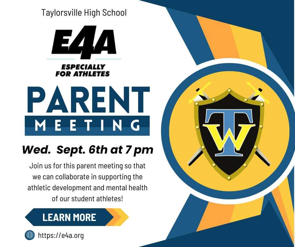 Come learn about a new program at Taylorsville High School that focuses on supporting the athletic development and mental health of our student athletes. We are so grateful to bring this to our school community! e4a.org Wednesday, September 6, 2023 at 7:00 pm!