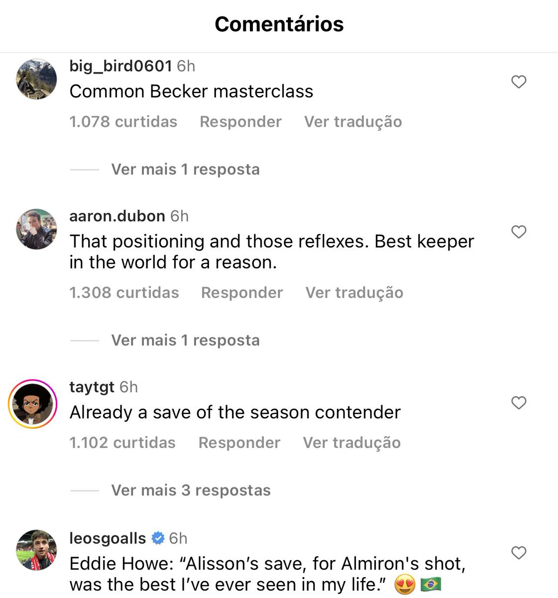 EduardoBarthem's tweet photo. Vi a bela defesa do Alisson ser postada pelo perfil oficial do Liverpool e pelo perfil da ESPN Brasil. O nível dos comentários muda bastante. Peguei os 4 primeiros de cada como exemplo, mas podem ir lá ver mais (não sugiro)… https://t.co/JfbYjpOCo3