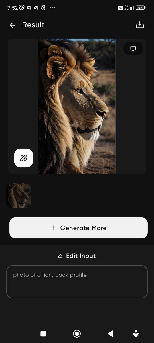 jaong1's tweet photo. @Imagine_aiart I want to see the lion from the back. Back profile does not work. Please provide a tutorial section listing all modifiers or at least add into the android app keywords list all the photo perspectives and angles since stable diffusion or midjourney modifiers don't work https://t.co/C8z9YJAb6x