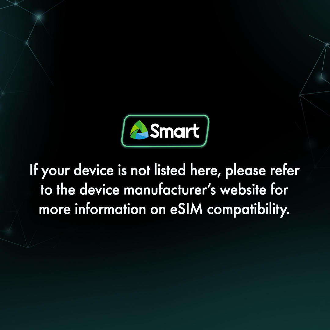 LiveSmart's tweet image. Ready to get the new #SmarteSIM? Check if your smartphone is eSIM compatible through our guide below.

For more information, you may also refer to your device manufacturer’s website.