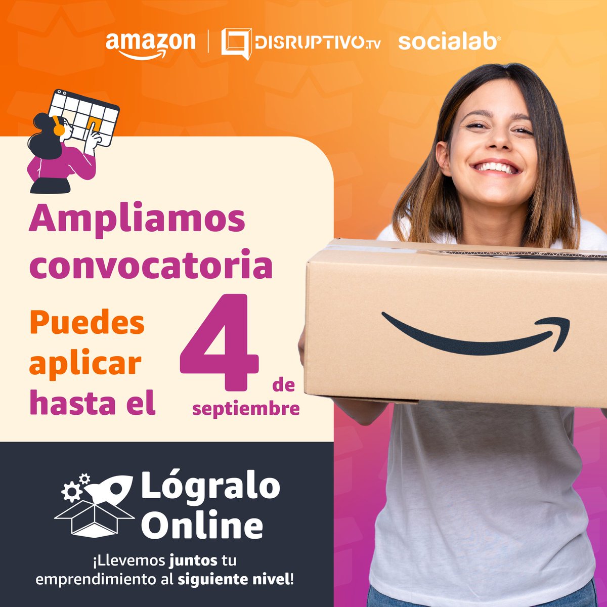 ¡Ampliamos la convocatoria de #LógraloOnline

Tendrás grandes beneficios como:
📦 Sesiones de mentoría semi personalizadas.

📦 Participa por capital semilla de hasta $55,000 MXN para tu emprendimiento.

Aplica en: disruptivo.tv/amazonlogralon…