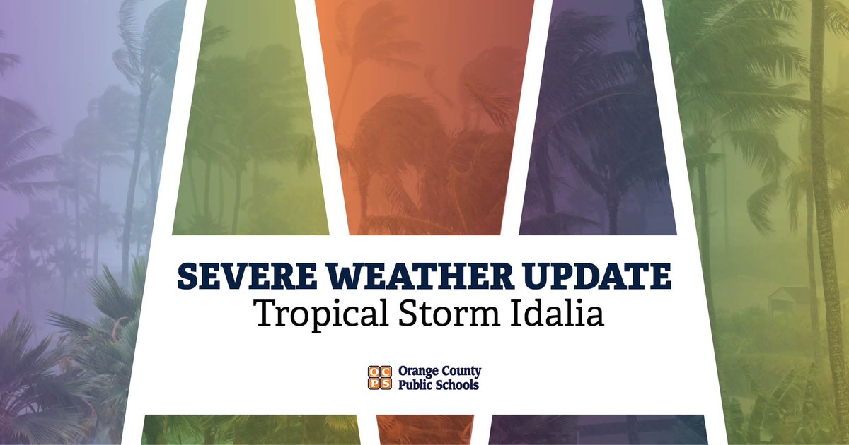 Update on #TropicalStormIdalia: OCPS schools and facilities will be open tomorrow, Tuesday, Aug. 29. After-school activities will continue but must end by 8 p.m.

A decision on the cancellation of school for Wednesday will be made tomorrow morning after the <a href="/NWS/">National Weather Service</a> update.