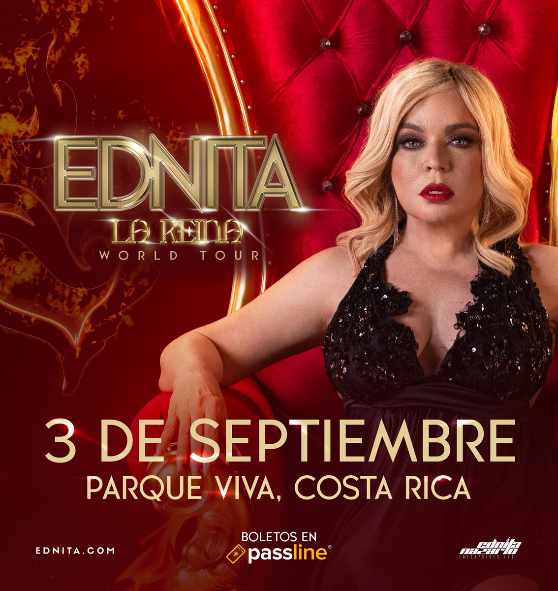 ednienterprises's tweet photo. REGRESA EDNITA NAZARIO A COSTA RICA CON SU GIRA “LA REINA” LA DIVA LLEGA ESTE PRÓXIMO 3 DE SEPTIEMBRE EN EL PARQUE VIVA ❤️‍🔥🔥

🎫 https://t.co/ZxMMicK69S

#ednitanazario #ednita #lareinatour https://t.co/hpP5nzRt7R