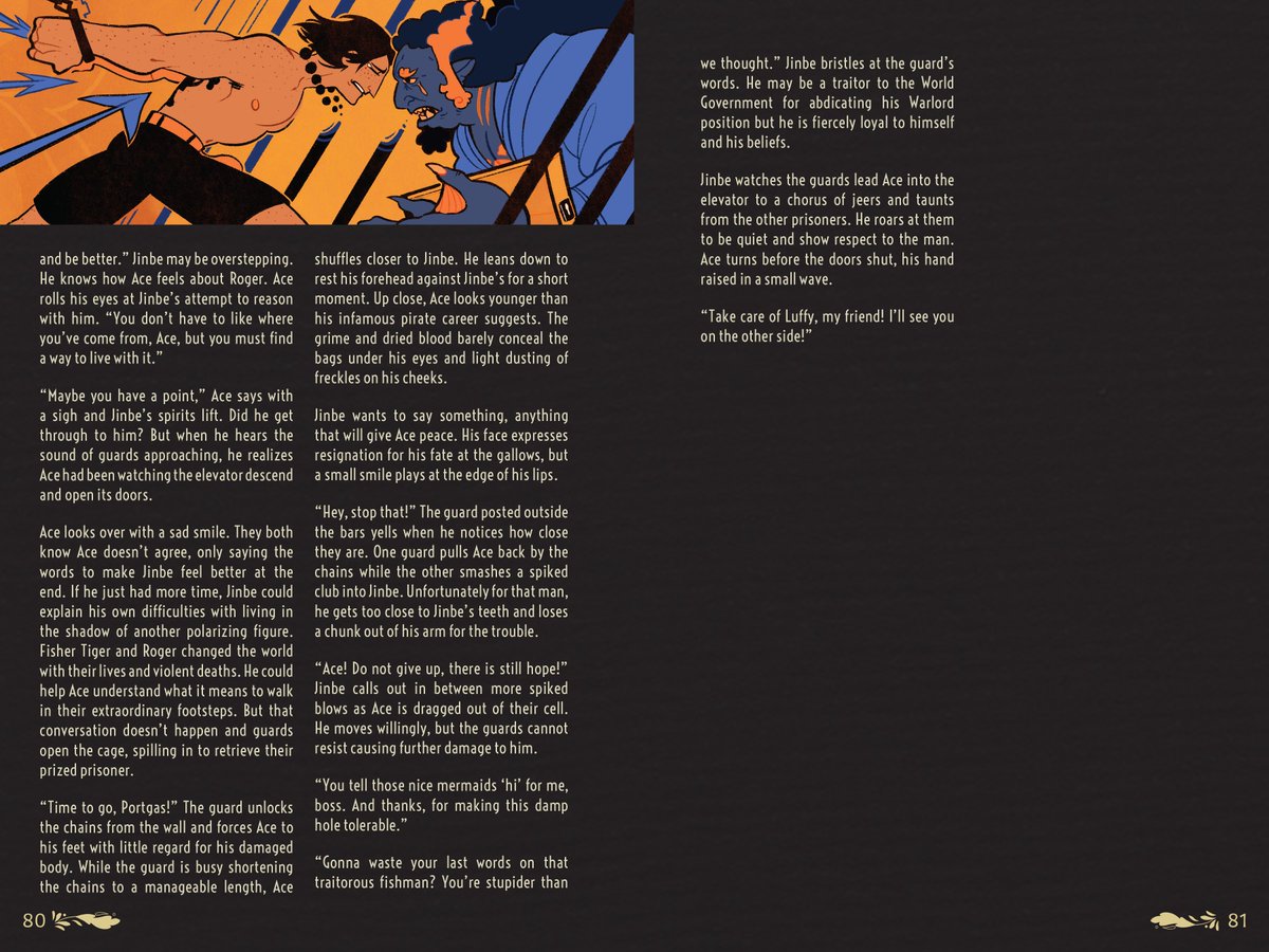 Please also enjoy her piece for this project, a sincere moment between Ace and Jinbe during Ace's final hours at Impel Down