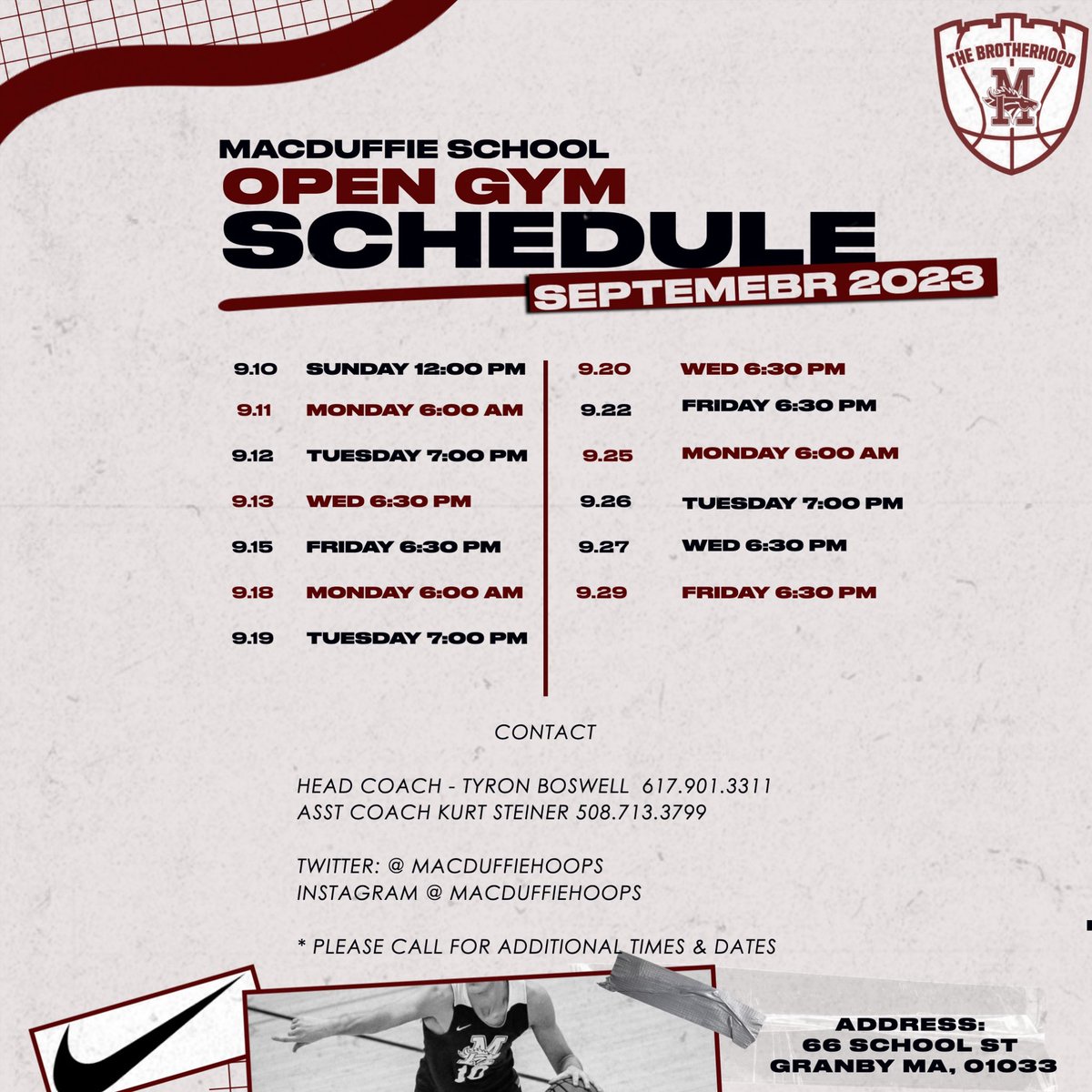 Open Gym Schedule 🗓️📌
#MacDuffieHoops #Nike

SEPTEMBER 2023 #OpenGym
