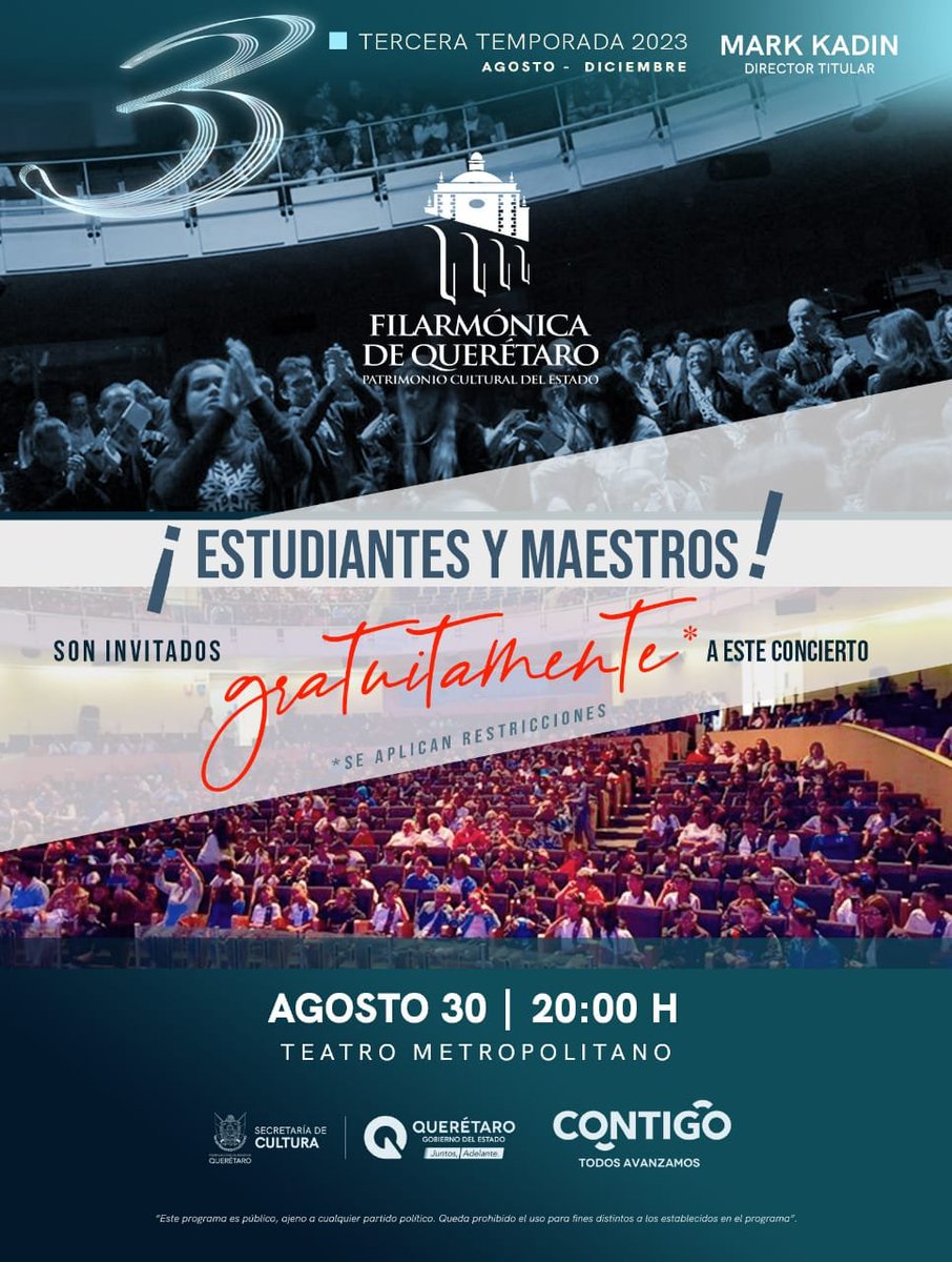 gobqro's tweet photo. Para empezar con todo el nuevo ciclo escolar, tenemos una sorpresa para nuestros estudiantes y maestros. 👩‍🏫📚📝

Podrán asistir al concierto inaugural de la tercera temporada de conciertos de la @filarmonicaqro GRATIS. 🤩

Para obtener tu acceso acude a nuestras oficinas ubicadas en Arteaga 89, Centro Histórico, y presenta tu credencial vigente de alumno y/o maestro.

🎟Se entregará 1 cortesía por persona para que todas y todos puedan asistir. ¡Te esperamos!