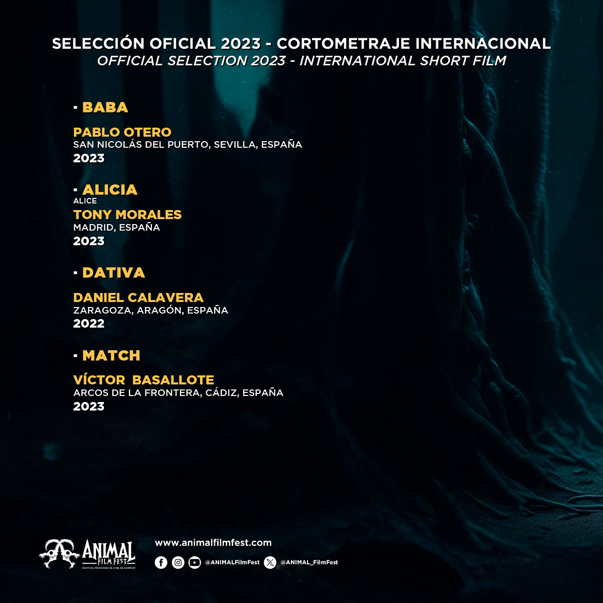 ANIMAL_FilmFest's tweet photo. SELECCIÓN OFICIAL 2023
🇪🇸 🇻🇪 🇺🇾 🇺🇦 🇺🇸 🇷🇴 🇮🇹 🇿🇦
Cortometraje internacional
International short film
(2/2)
🎥✨ #ANIMALFilmFest #AFF #AFF4
#IMCINE #Fantlatam #CineDeGéneroLatinoamericano #CineFestMich #RedIberoFest #ROTMovieMakers https://t.co/QNozSOEbkP