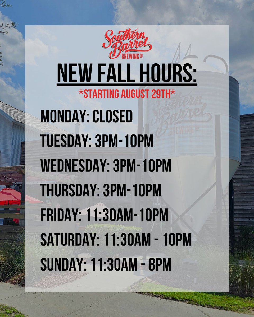 SouthernBarrel's tweet photo. With much consideration, we have decided to implement Fall/Winter Hours. We do apologize for the last minute notice. We hope you all will understand and continue gathering together to enjoy our food, incredible staff, and of course our signature beer! Cheers! 🍻 https://t.co/e3MjD1w0fV