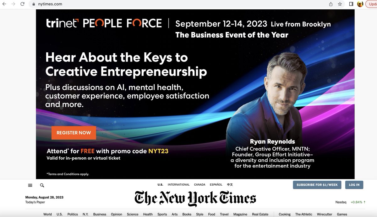 The New York Times frequently takes a position against "creepy" behavioral advertising, but here is what my NYT homepage looks like right now. I can't even see the top headline. Is this obnoxiously large and un-tailored advertisement supposed to be better? Thank you?