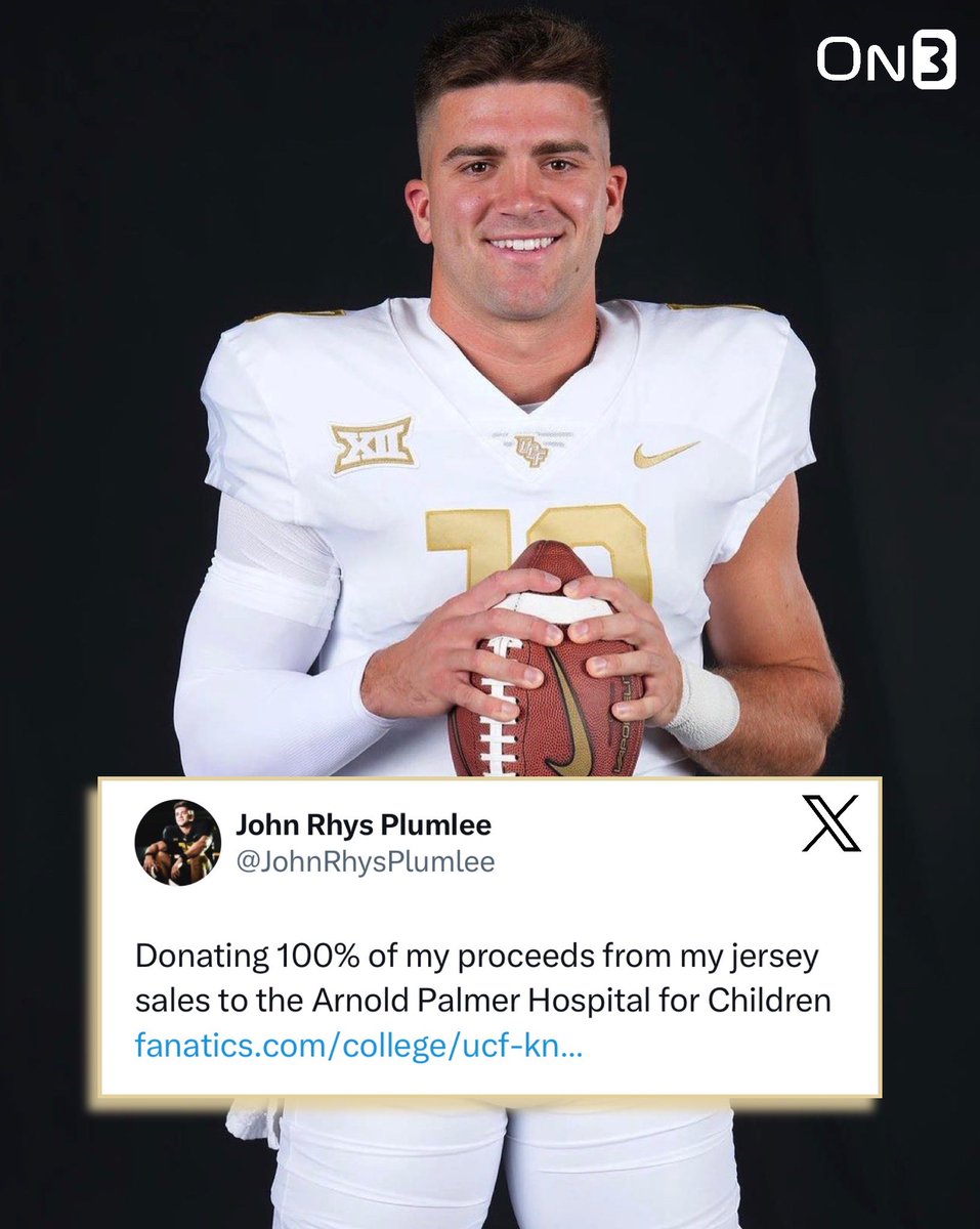 NEWS: UCF QB John Rhys Plumlee is donating 100% of his jersey sales to a local children’s hospital in Orlando❤️ NIL 👏👏👏 on3.com/nil/news/ucf-q…