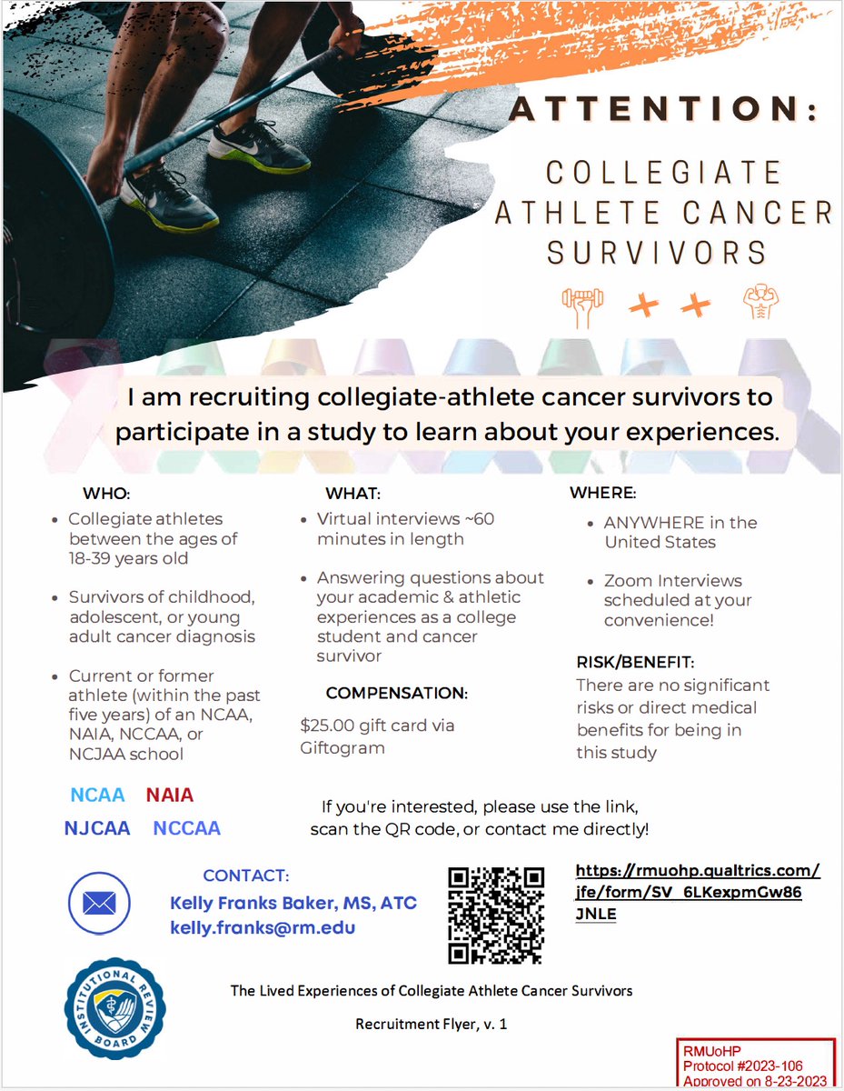 Kelly (Franks) Baker, PhD, ATC (@kellybakeratc) on Twitter photo I am a doctoral student at <a href="/RMUoHP/">Rocky Mountain University of Health Professions</a>. My dissertation research explores the experiences of collegiate athletes in the US diagnosed with cancer. If you know anyone, please encourage them to contact me using the QR code on the flyer or this link. Thank you! rmuohp.qualtrics.com/jfe/form/SV_6L… I am a doctoral student at <a href="/RMUoHP/">Rocky Mountain University of Health Professions</a>. My dissertation research explores the experiences of collegiate athletes in the US diagnosed with cancer. If you know anyone, please encourage them to contact me using the QR code on the flyer or this link. Thank you! rmuohp.qualtrics.com/jfe/form/SV_6L…