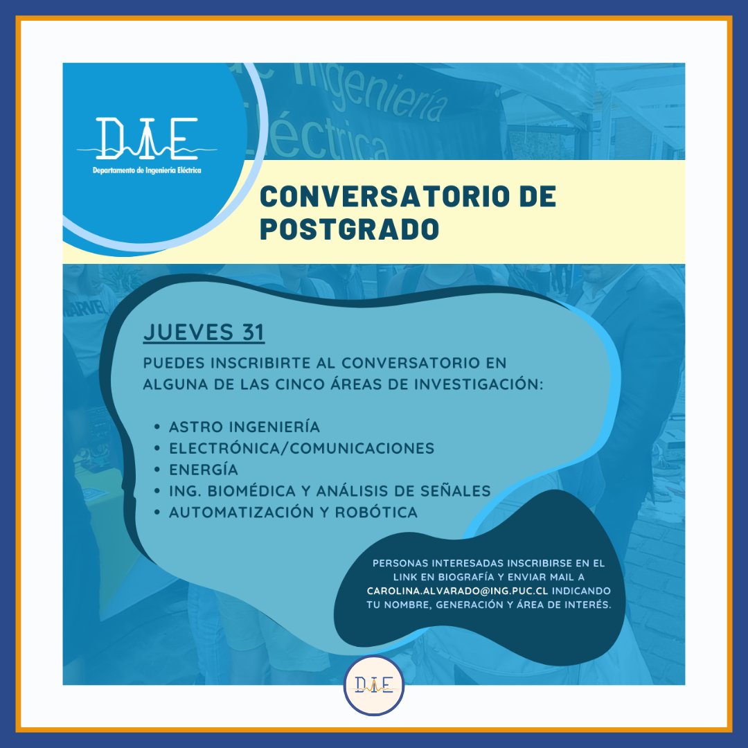 |REPOST| Feria de #postgrado en <a href="/IngenieriaUC/">Escuela Ingeniería UC</a> 
No te quedes fuera de las actividades que Postgrado Ingeniería tiene para ti⚡️

Inscríbete en linktr.ee/postgrados_ing…
Participa de la Feria en el Patio de Ingeniería y aclara tus dudas en el Conversatorio por áreas de postgrado📚📝