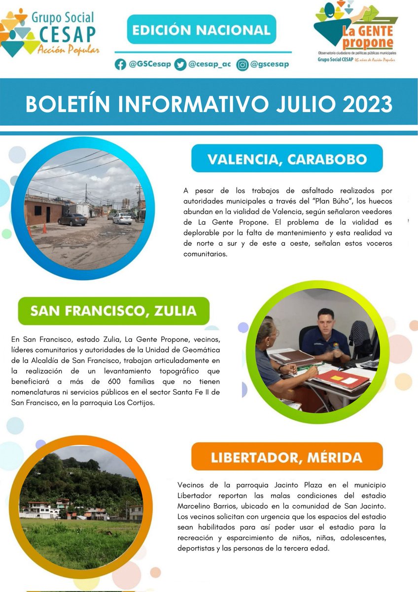 Sanfcopropone's tweet photo. #BoletínNacional| 😃 Te invitamos a leer el #BoletínNacional del Observatorio Ciudadano de Políticas Públicas Municipales #LaGentePropone en 12 municipios de Venezuela, donde sabrás más de la #IncidenciaCiudadana y el trabajo comunitario de los líderes y veedores 🗣️. https://t.co/qWgWwWTsLg