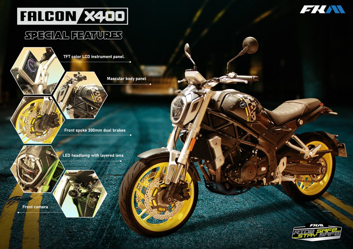 FKMmotorcyclePH's tweet photo. Make way for the new member of FKM Motorcycle Philippines!

The FALCON X400

HIGH PERFORMANCE| COMFORT | RELIABILTY

Parallel Twin Cylinder, DOHC water cooled, 8 valves, Mascular body panel with front camera, dual ABS and TFT color LCD instrumental panel. https://t.co/UrdKkembVN