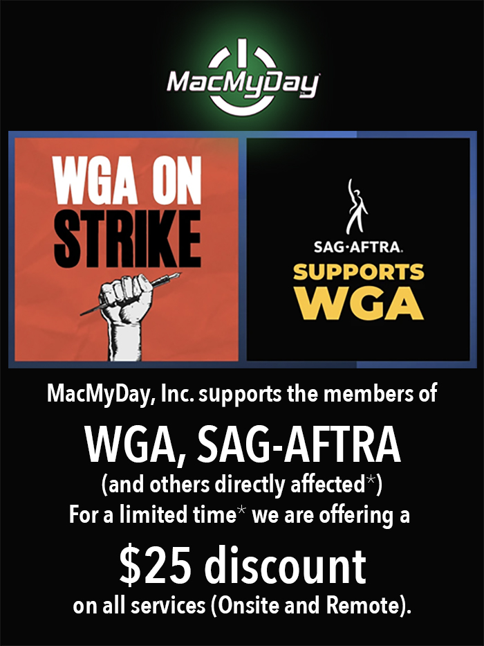 MacMyDayLA's tweet photo. Special WGA/SAG-AFTRA $25 Service Discount
Read the details here: https://t.co/yzh73hoK7F
#aftra #sag #wgastrike #wgastrong #actorsstrike #writersstrike #sagaftra #sagstrike #apple #mac #applesupport #itsupport #macsupport #servicemac #macmydaystudios #macmyday #macmydayla https://t.co/lUSp9ffbdz