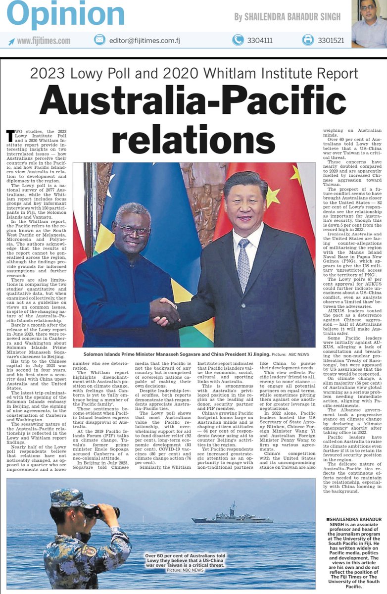 Thank you @fijitimes for republishing my joint analysis of the 2023 Lowy Poll and 2020 Whitlam Institute Report on Australian-Pacific relations: