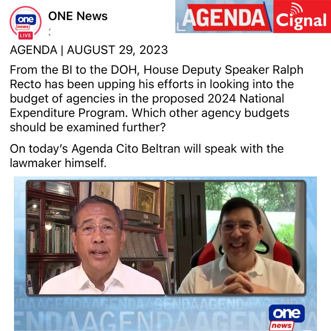 House Deputy Speaker Ralph Recto talks about the new National Budget on Agenda. Watch the full show by following this link:  beltran.news/Agenda2023-08-…
<a href="/ralphrecto/">Ralph G. Recto</a> <a href="/CignalTV/">Cignal</a> <a href="/onenewsph/">ONE News PH</a> #agendacitobeltran #citobeltranagenda #nationalbudget