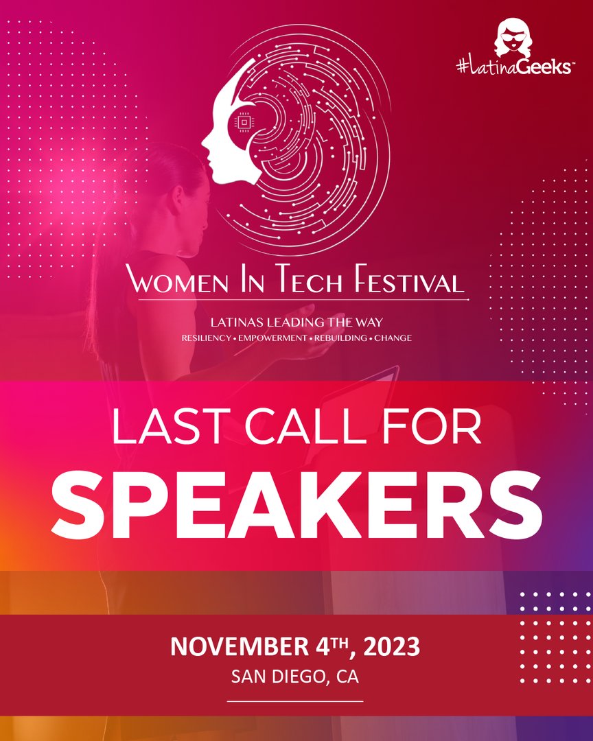 We believe in your tech voice! Become a member and apply to speak at our Women in Tech Festival. Let's lead the change together. 🎙 Apply by Aug. 31st. Visit our website to learn more: bit.ly/WiTF2023 
#LatinaGeeks #WiTFestival