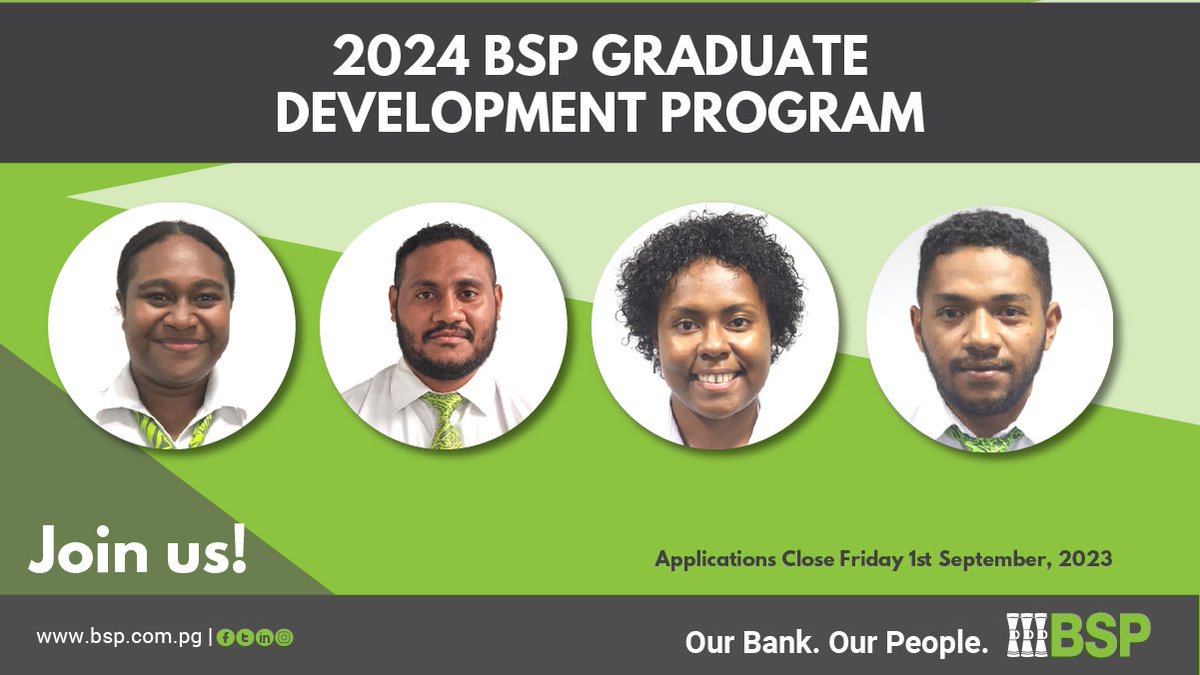 BSPPacific's tweet photo. BSP PNG| Our 2024 BSP Graduate Development Program (GDP) closes this Friday 1st September, 2023. If you are yet to apply refer to details https://t.co/QqDSZRCqXX
Our GDP brochure https://t.co/Oy8X1F8HQw
#BSPGraduateDevelopmentProgram #2024GDP #CareerOpportunities #PNGJobs https://t.co/dSuTvqCS4Y