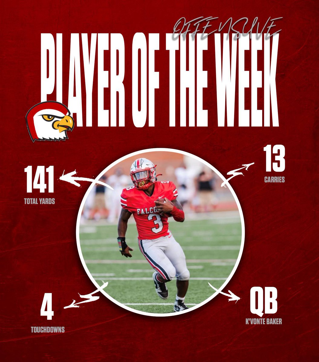 Falcons Player of the Week!! 

K’Vonte Baker is our offensive player of the week at QB with 141 total yards, and scored 4 touchdowns to help lead us to a big win over Saint Mary’s! #BTF <a href="/kvonte_baker/">KVonte Baker</a>