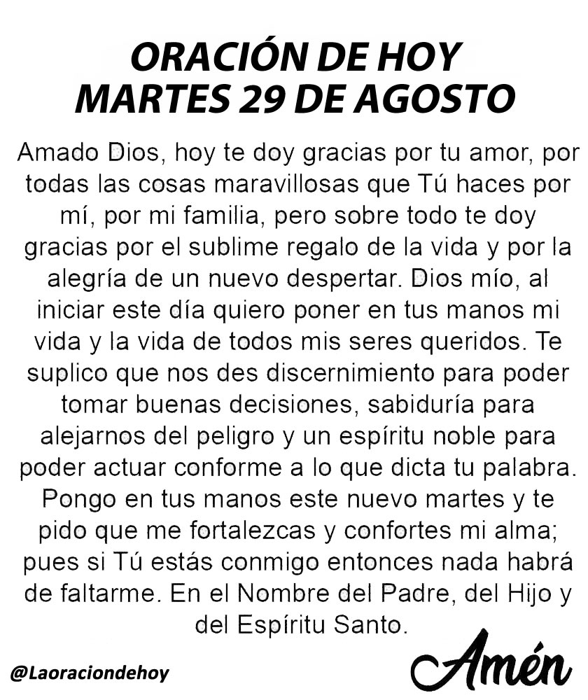 Oración diaria para hoy martes 29 de agosto de 2023.