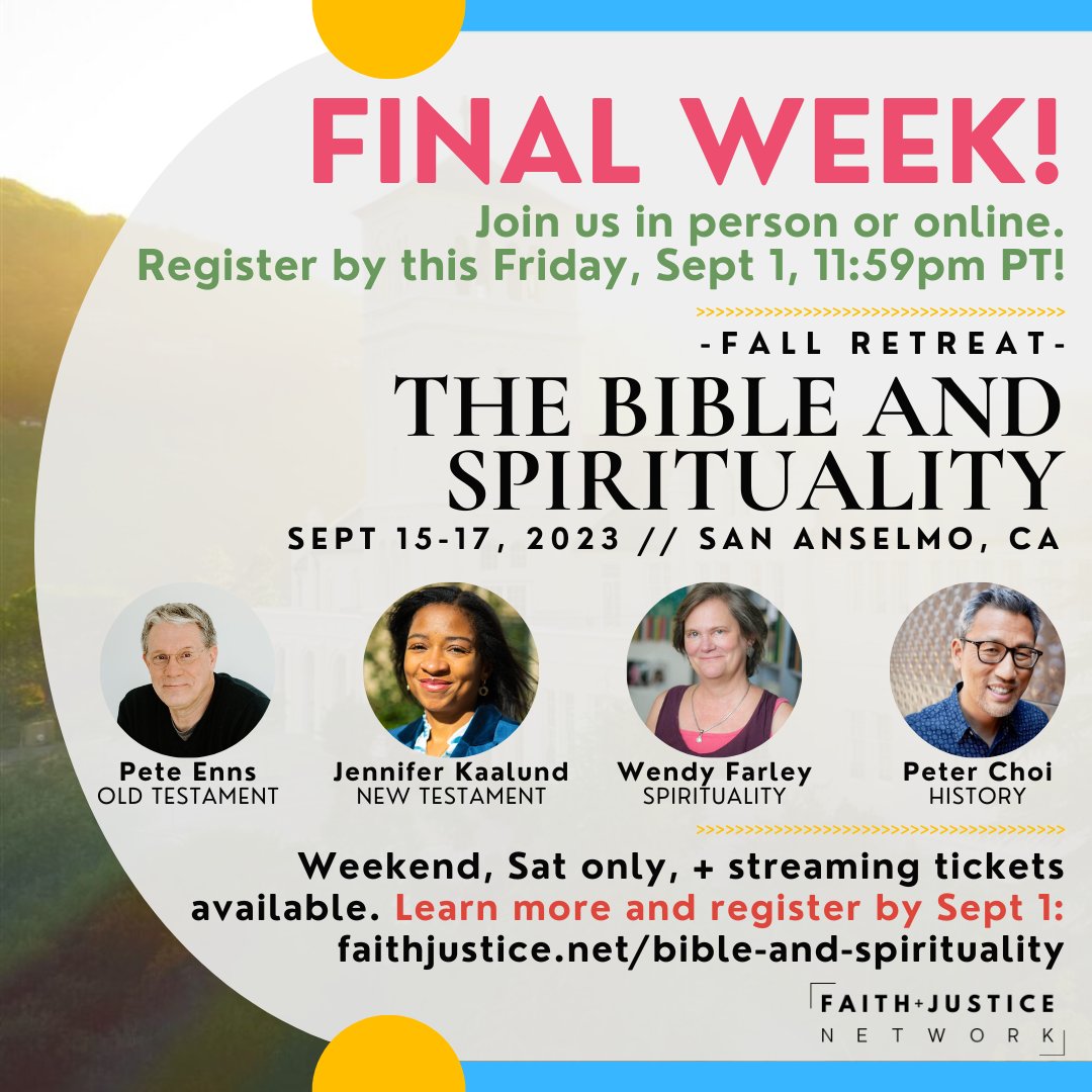 FaithJusticeNet's tweet image. FINAL WEEK to register! Join us for the F+J Fall Retreat, Sept 15-17; community, learning together (w/a great lineup of speakers), great meals &amp;amp; exploring the beautiful area on/around campus. Weekend-Sat only-streaming options avail. Register by 9/1! faithjustice.net/bible-and-spir…