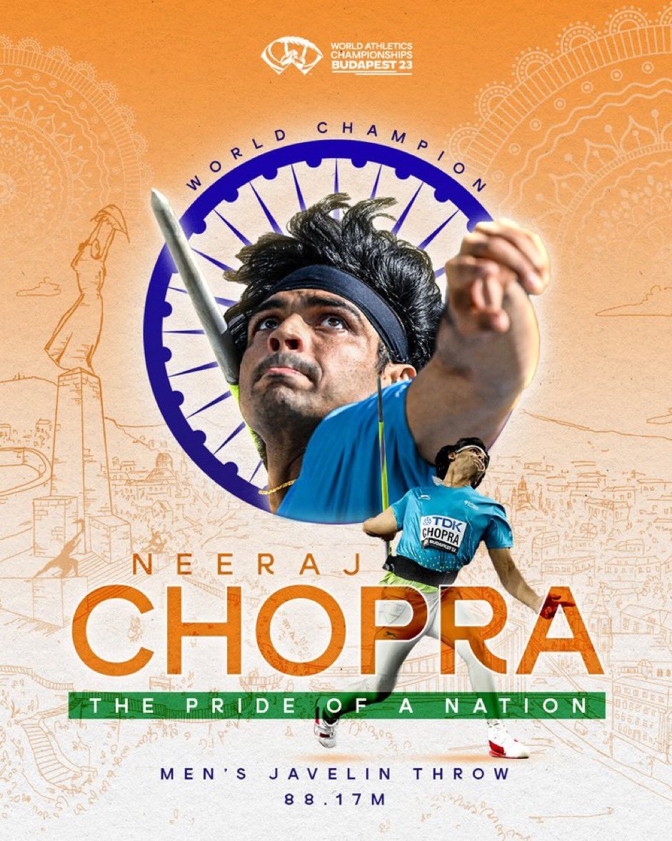 prem_kadela's tweet photo. Neeraj Chopra Gold Medal: गोल्डन बॉय नीरज चोपड़ा ने अपने भाला से रच दिया इतिहास, World Athletics Championship में जीता गोल्ड
बधाई हो चैम्पियन https://t.co/B8x7HfCMCL