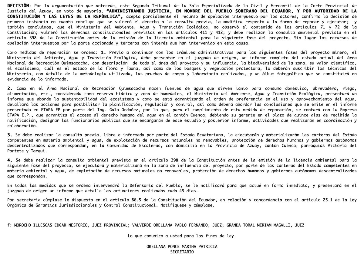 Al final del túnel brilla la justicia. 
La Sala Especializada de lo Civil del #Azuay dicta sentencia que declara la vulneración de los derechos a consulta previa y consulta ambiental, en consecuencia dispone suspender toda actividad minera en #Kimsakocha, ninguna lucha es