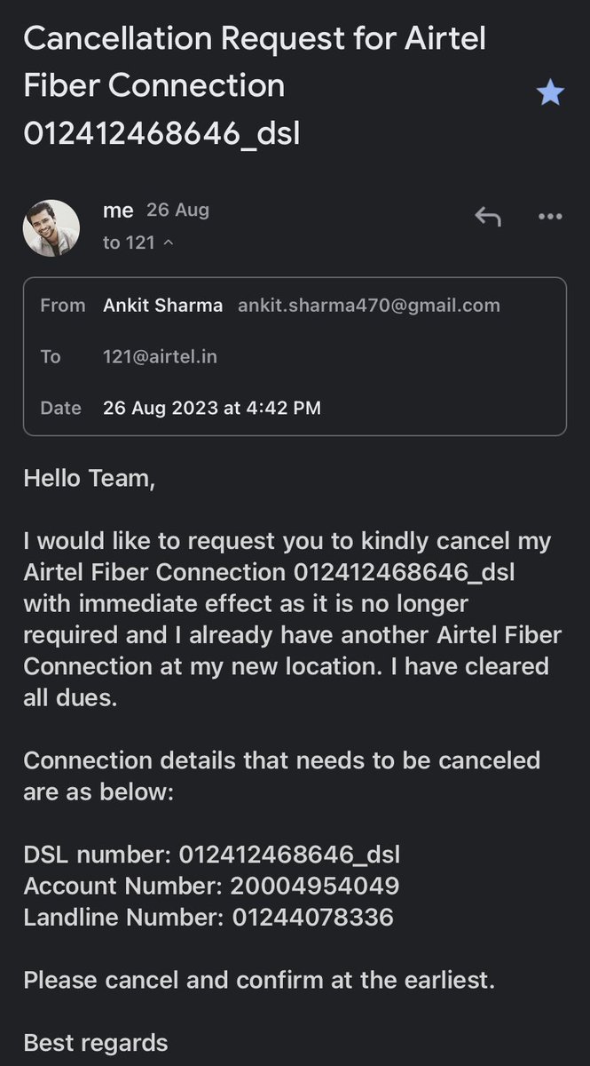 aunik_sharma's tweet photo. Hello @airtelindia @Airtel_Presence @airtelnews I raised a Airtel Fiber cancellation request 4 days back but no response yet. Kindly escalate and cancel ASAP. Pathetic customer support. @PMOIndia @jagograhakjago https://t.co/1DmlQIAISa