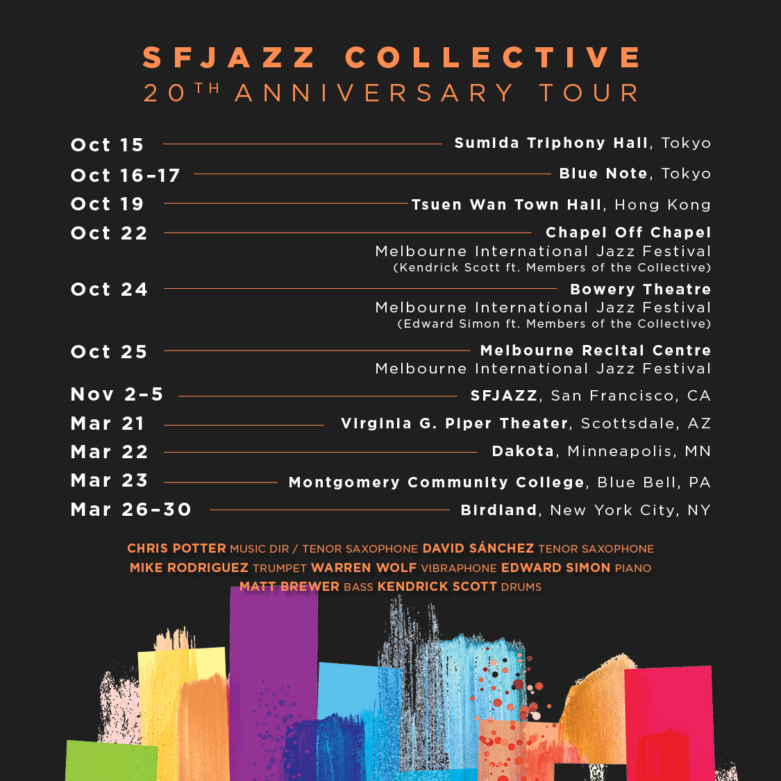 SFJAZZ Collective 20th Anniversary U.S. and Pacific Tour Dates are LIVE! We hope to see our friends and patrons on the road for this momentous occasion celebrating the band. Here’s to 20 more years! _ For more information visit SFJAZZ.org/Collective