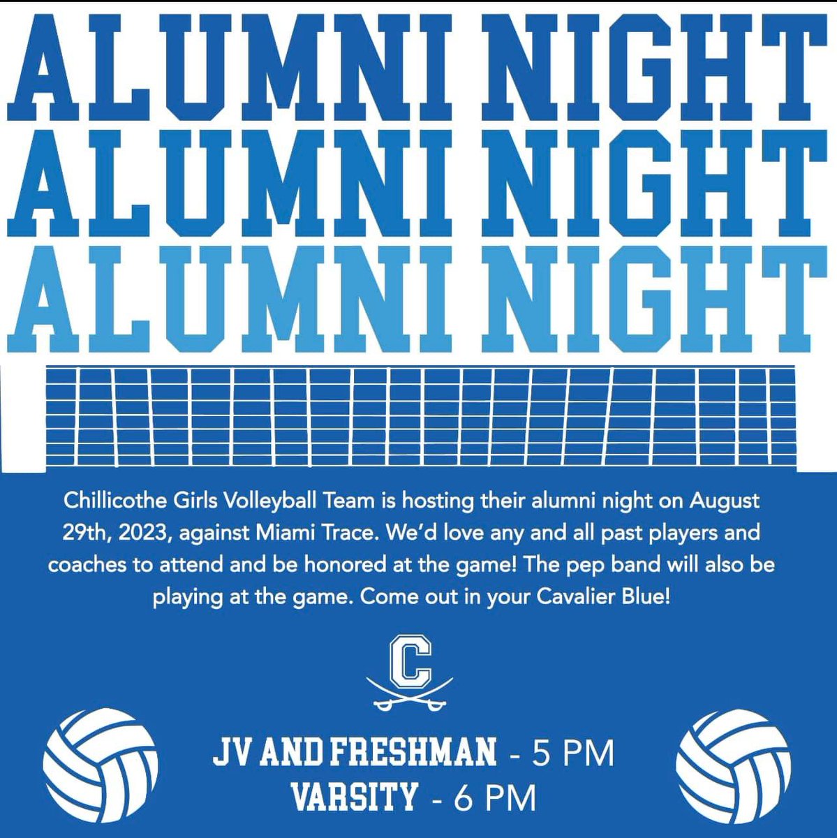 Chillicothe Volleyball will honor CHS volleyball alumni at tomorrow’s league opener against Miami Trace!  Come support on the Lady CAVS💙🏐💙