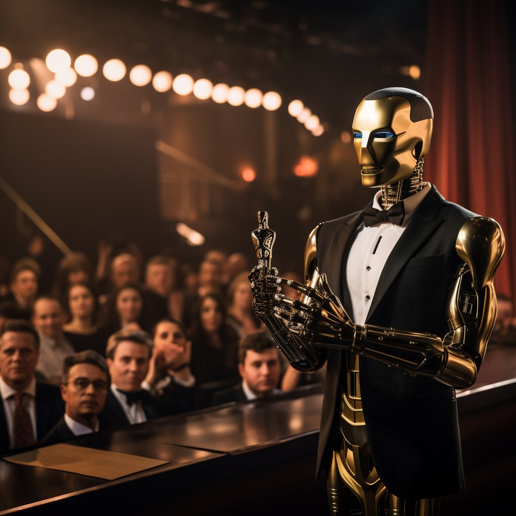 ParhomJ's tweet photo. And the 2024 Oscar for best picture, best actor, best actress, best supporting actor, best writer, best director, best DP, best Production design, best soundtrack, best editing, and best craft service award goes to... AL Gorithm! #ai #midjourney #midjourneyart #Algorithms #aiart https://t.co/juaKqbCwNz