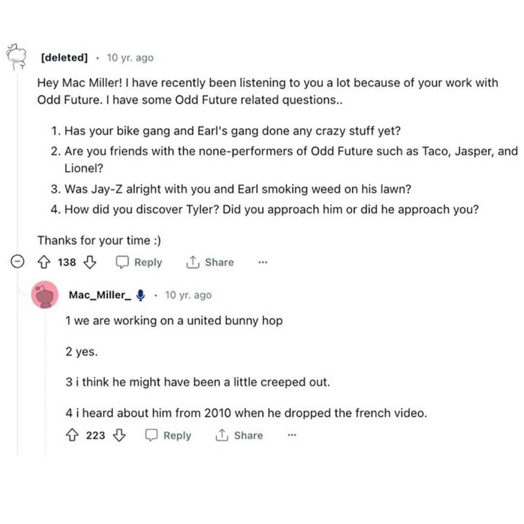 foundonsonar's tweet photo. In July of 2013, Mac Miller posted an Ask Me Anything thread on Reddit

Swipe for the highlights 🫶 https://t.co/sif4IrjV00