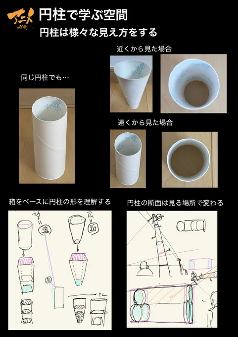 ●円柱で学ぶ空間  ・円柱は様々な見え方をする  ・楕円は常にキレイな形  ・円柱の真横は見えない⁈  ・長方形+楕円=円柱、円柱はほとんど長方形!!
