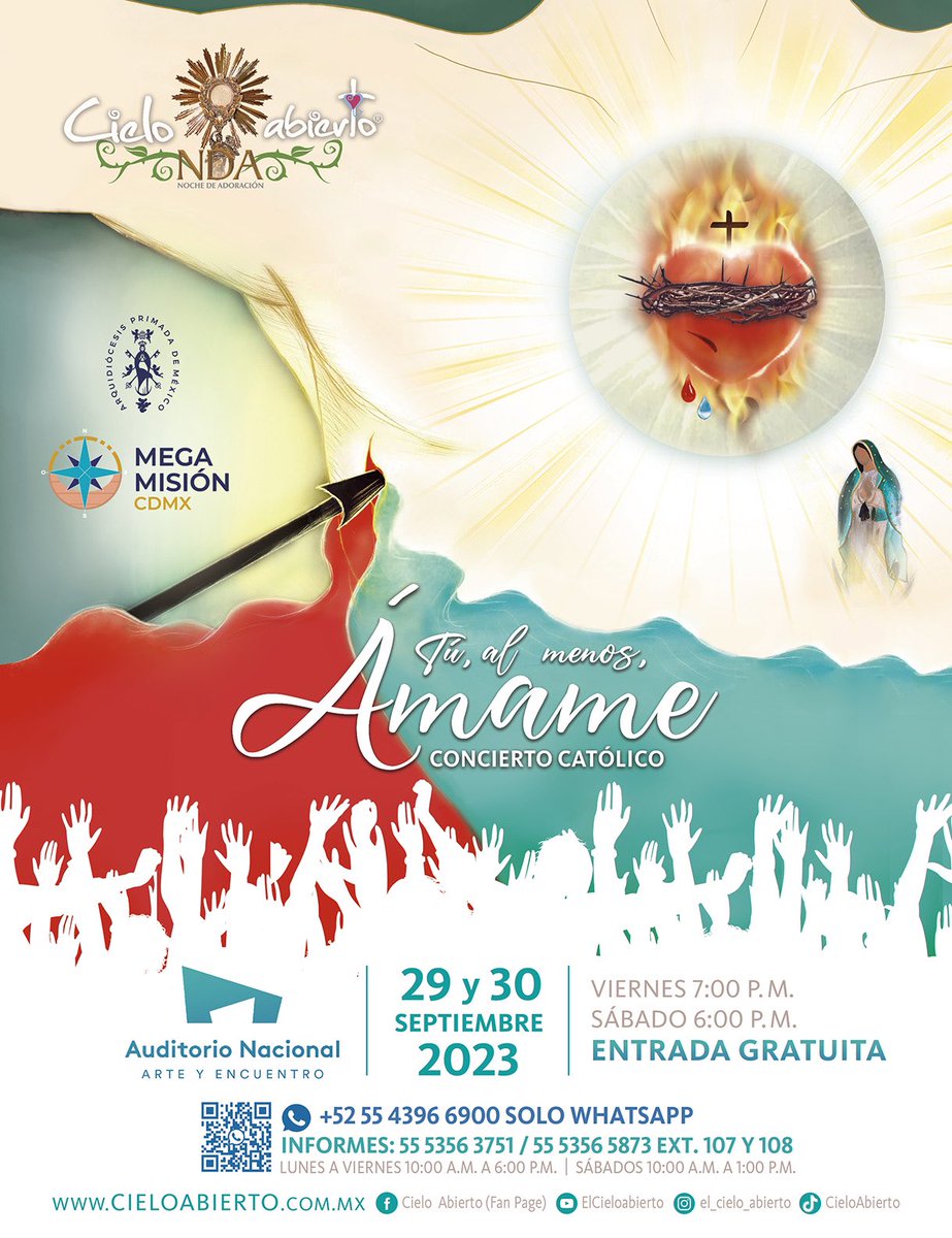 ¡Por fin llega nuestro tan esperado concierto católico 𝐂𝐈𝐄𝐋𝐎 𝐀𝐁𝐈𝐄𝐑𝐓𝐎 𝐀𝐔𝐃𝐈𝐓𝐎𝐑𝐈𝐎 𝐍𝐀𝐂𝐈𝐎𝐍𝐀𝐋 2023 #TuAlMenosAmame a la #CDMX! 🇲🇽

Consigue tus pre- boletos físicos y electrónicos ¡GRATIS!: qlk.app/Preboletosgrat… 🎫

Whatsapp: wa.me/525543966900 📱