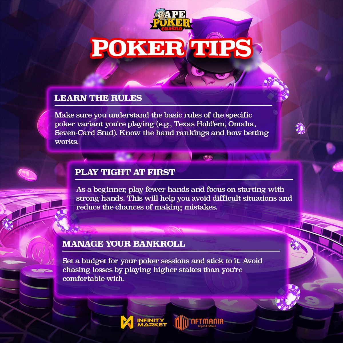 ApePokerGlobal's tweet photo. Mastering the Art of Poker🎰
Uncover the secrets to strategic gameplay and read your opponents like a pro! Check out our tips to elevate your poker game to a whole new level. ♠️🌟 #PokerProTips
🎯 Ape Poker OBT ends on Aug 31 at 12:00 (KST) https://t.co/pWsfVL5ikk