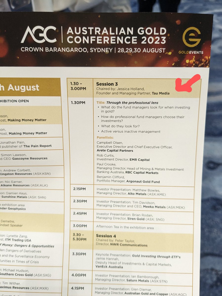 📢 Be sure to come here our Founder <a href="/JessLeeHolland/">Jessica Lee (Holland) Fertig</a> chairing Session 3 - "Through the Professional Lens" at 1:30pm today at the Australian #Gold #Conference 2023! 

<a href="/GoldEventsAU/">Making Money Matter and Gold Events</a> #aretecapital <a href="/ERMCapital/">ERM Capital</a> <a href="/rbc/">RBC</a> #argonaut