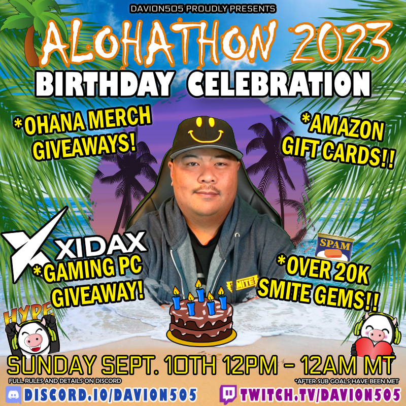 davion505's tweet photo. 🥳Only 24 hours left till Alohathon 2023. It's a birthday celebration with my Ohana on my @Twitch channel! There will be tons of #giveaways🎁, tons of incentives, and tons of FUN! Hope to see you there! 😎👍
👉👉👉https://t.co/RIXyYwgCuo

MAHALO &amp; MUCH LOVE! 🤙💜 https://t.co/jsyZbm1WzY