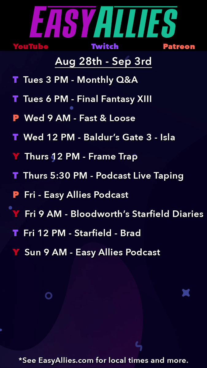 Easy Chillin' was a blast and the archives are making their way to YouTube. In the meantime, here's what we're looking forward to for the rest of this week, with a few more surprises on the way. Get ready for liftoff! See easyallies.com for updates and local times.