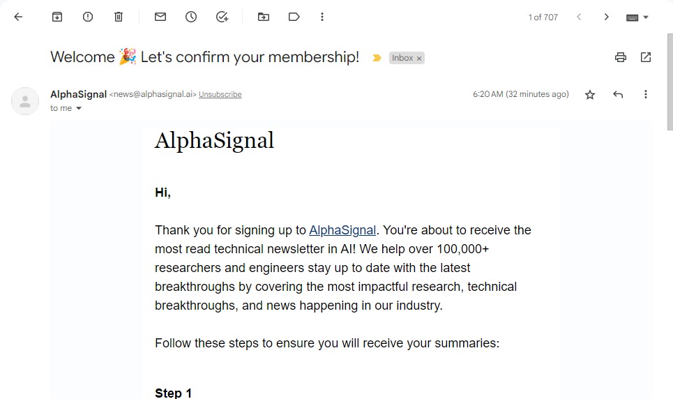 yusrazafar95's tweet photo. @AlphaSignalAI hello, I have subscribed to the alphasignal newsletter, i have received the confirmation email, but haven't received any news summary yet? can you tell me how often will i receive a news summary? https://t.co/tZIBELW0Ck
