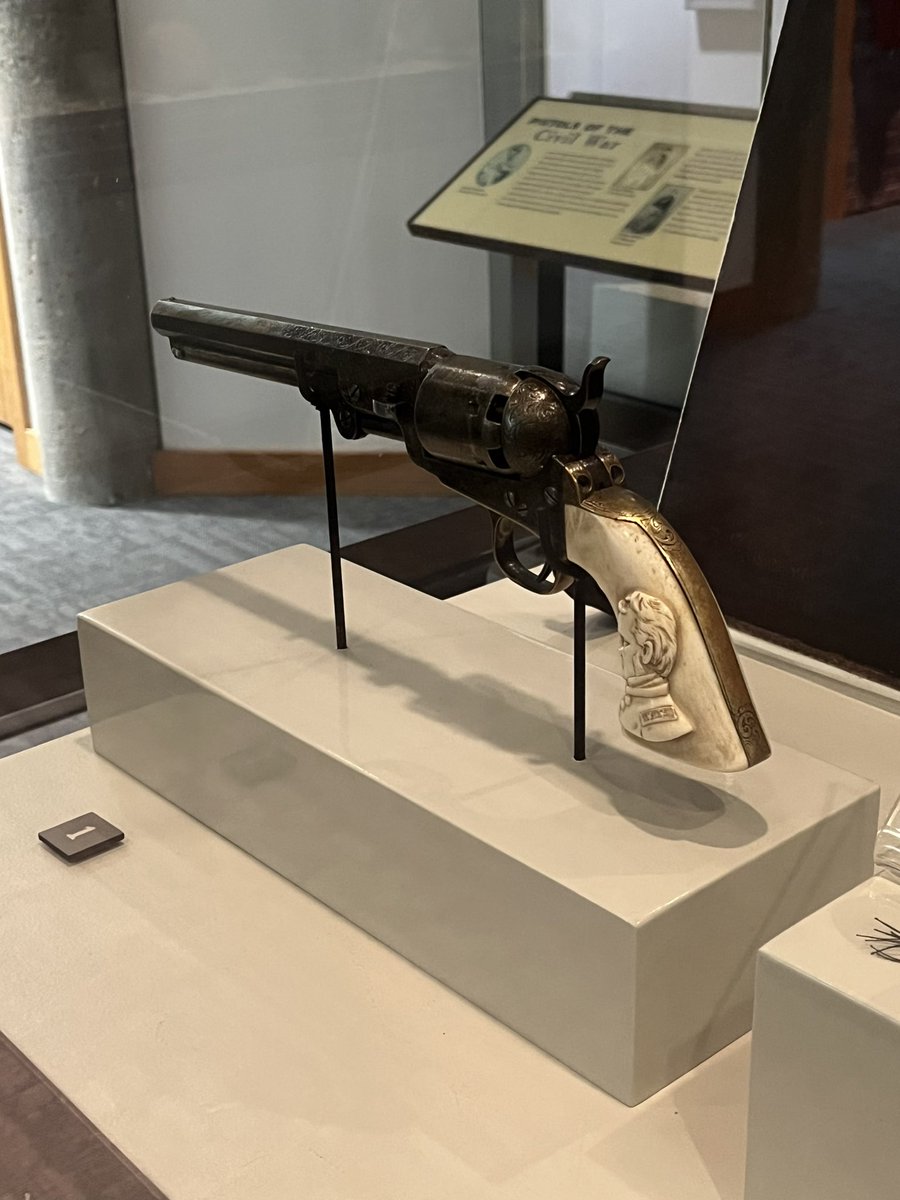 WalkingGround's tweet photo. OLD PAP’S REVOLVER.

Colt Model 1851 Navy revolver with factory engraving on the barrel and a likeness of MG Sterling Price on the left ivory grip.

On display at Wilson’s Creek National Battlefield. On loan from Alan Price. 

#civilwar #confederate #coltrevolver #firearms #2a https://t.co/xCRf3bKAHx