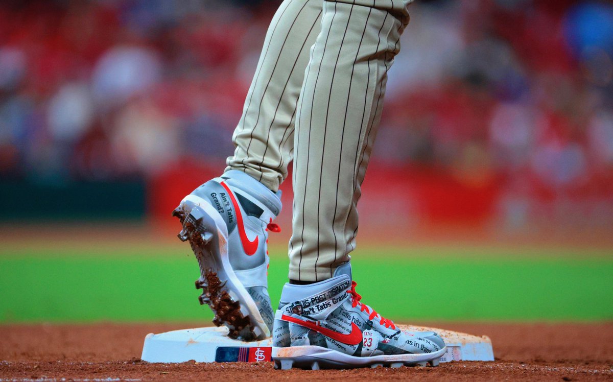 dgoold's tweet photo. Check out the Post-Dispatch masthead in #padres Fernando Tatis Jr.’s cleats tonight to honor his father’s grand slam feat with #stlcards. Photo: ⁦@pd_shutterspeed⁩. https://t.co/JU4Ki02sTM