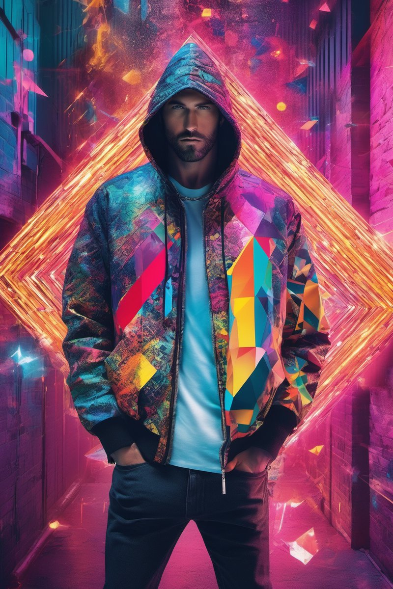 Immerse in a Banksy-inspired scene with a grunge garment-clad man portraying an intense, focused gaze surrounded by surreal, detailed geometric art. #UrbanStreetwear #CyberPunkStyle #midjourney #AIArtworks. 
👉 #Prompt in Alt.