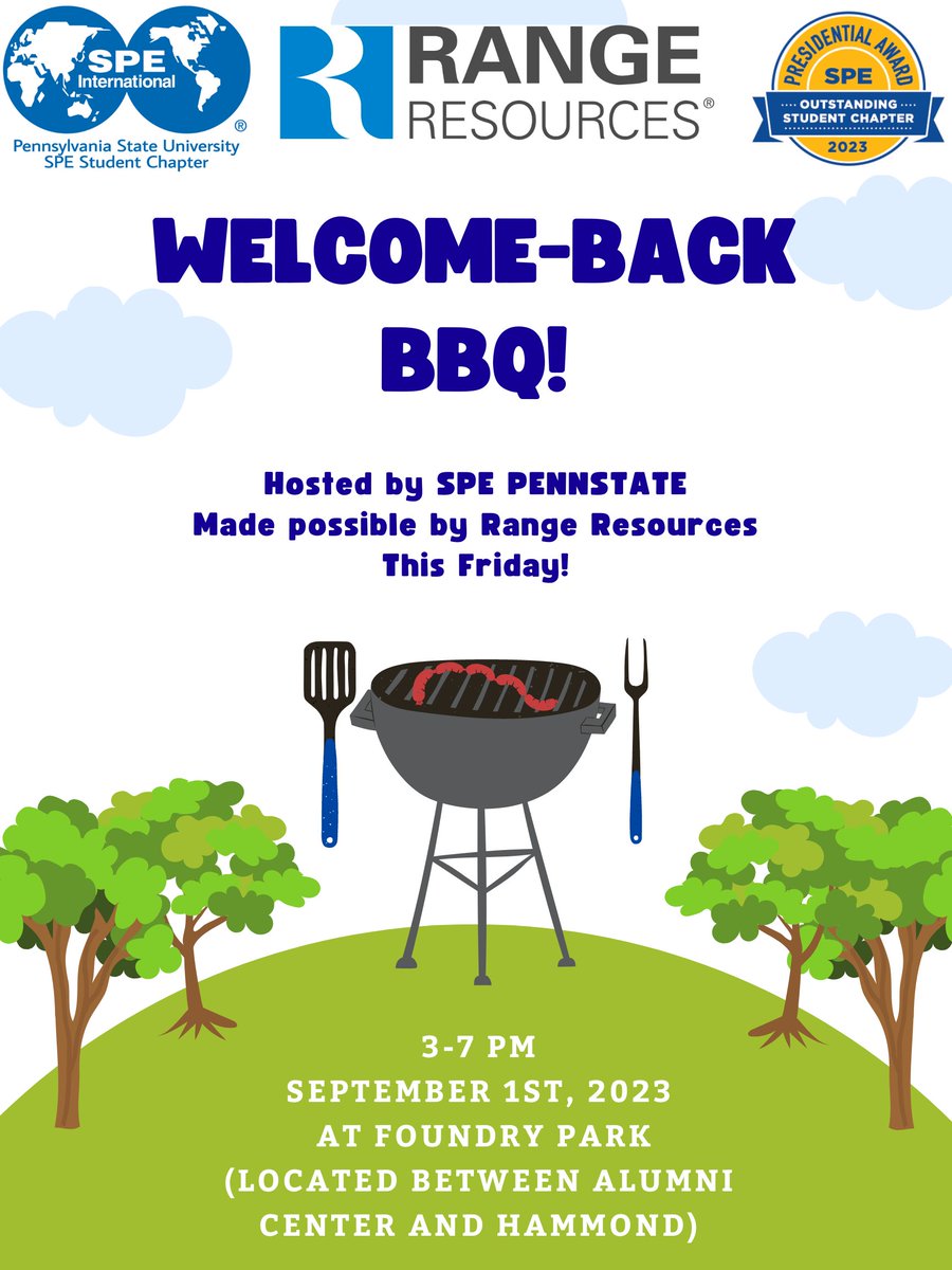 To kick off the semester, we will be hosting our annual Welcome-Back BBQ this Friday, September 1st! Make sure to stop by and enjoy delicious food catered by a local BBQ restaurant! Made possible by <a href="/Range_Resources/">Range Resources</a>