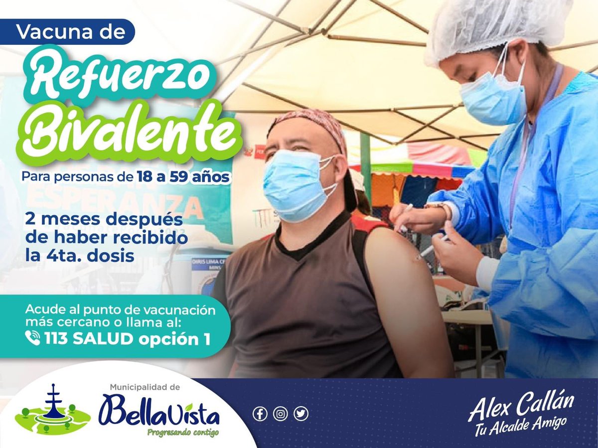 Muni_Bellavista's tweet photo. #ProgresandoContigo | Te invitamos a recibir la vacuna de refuerzo bivalente para personas de 18 a 59 años. Para lo cual, comunícate a la línea 113 opción 1. Recuerda que la bivalente se puede aplicar a partir de 2 meses después de haber recibido la 4ta dosis. https://t.co/eeSONyqS32