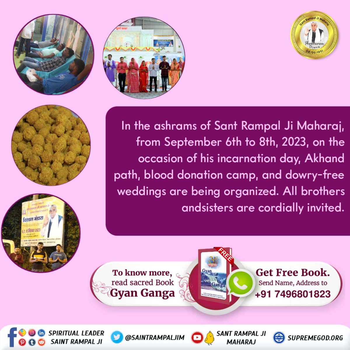 KrishnaSingh63_'s tweet photo. #Mahasamagam_By_SantRampalJi
In the ashrams of Sant Rampal Ji Maharaj, from September 6th to 8th, 2023, on the occasion of his incarnation day, Akhand path, blood donation camp, and dowry-free weddings are being organized. All brothers andsisters are cordially invited. https://t.co/QqnbKIO7Q8