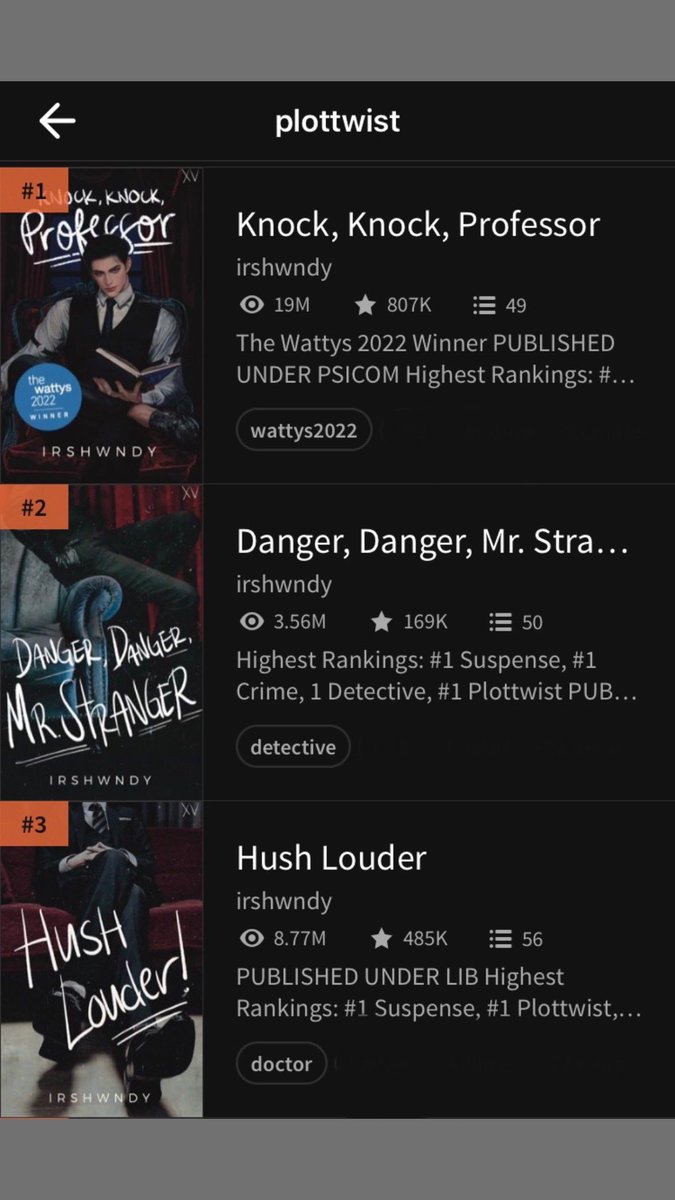 Our XVs are on a roll! 👊💥 Magkakasunod sa Top 3 rankings ang Knock Knock Professor, Danger Danger Mr. Stranger, and Hush Louder for 'plottwist' sa Wattpad! 🙌🙏🙇‍♀️ #XVseries