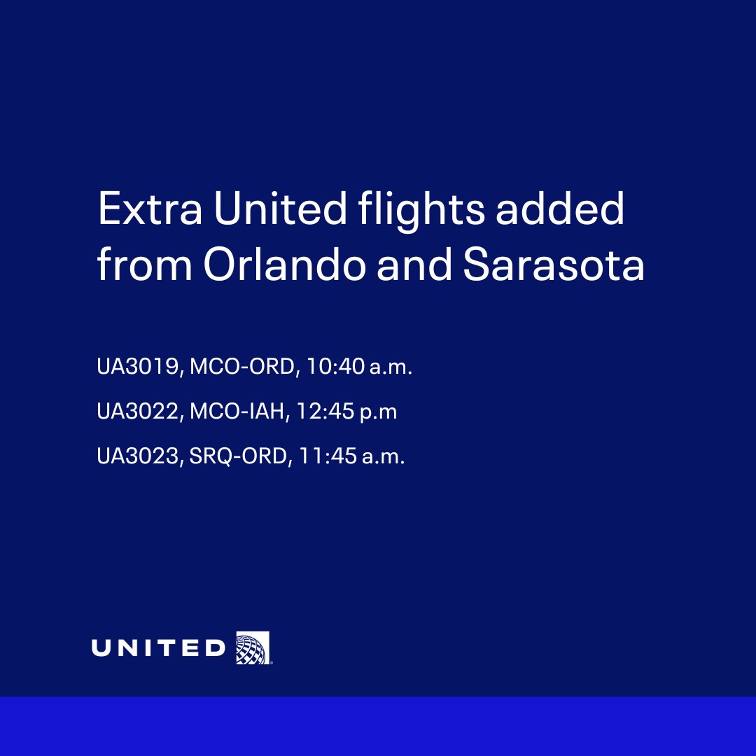 United Airlines (@united) on Twitter photo Tampa Airport (<a href="/FlyTPA/">Tampa International Airport ✈️</a>) will close Tuesday, August 29 ahead of #Idalia. To help travelers evacuate, we’re adding additional flights from Orlando (MCO) and Sarasota (SRQ). Check the United app for the latest information and here for waiver options ➡️ uafly.co/Idalia Tampa Airport (<a href="/FlyTPA/">Tampa International Airport ✈️</a>) will close Tuesday, August 29 ahead of #Idalia. To help travelers evacuate, we’re adding additional flights from Orlando (MCO) and Sarasota (SRQ). Check the United app for the latest information and here for waiver options ➡️ uafly.co/Idalia