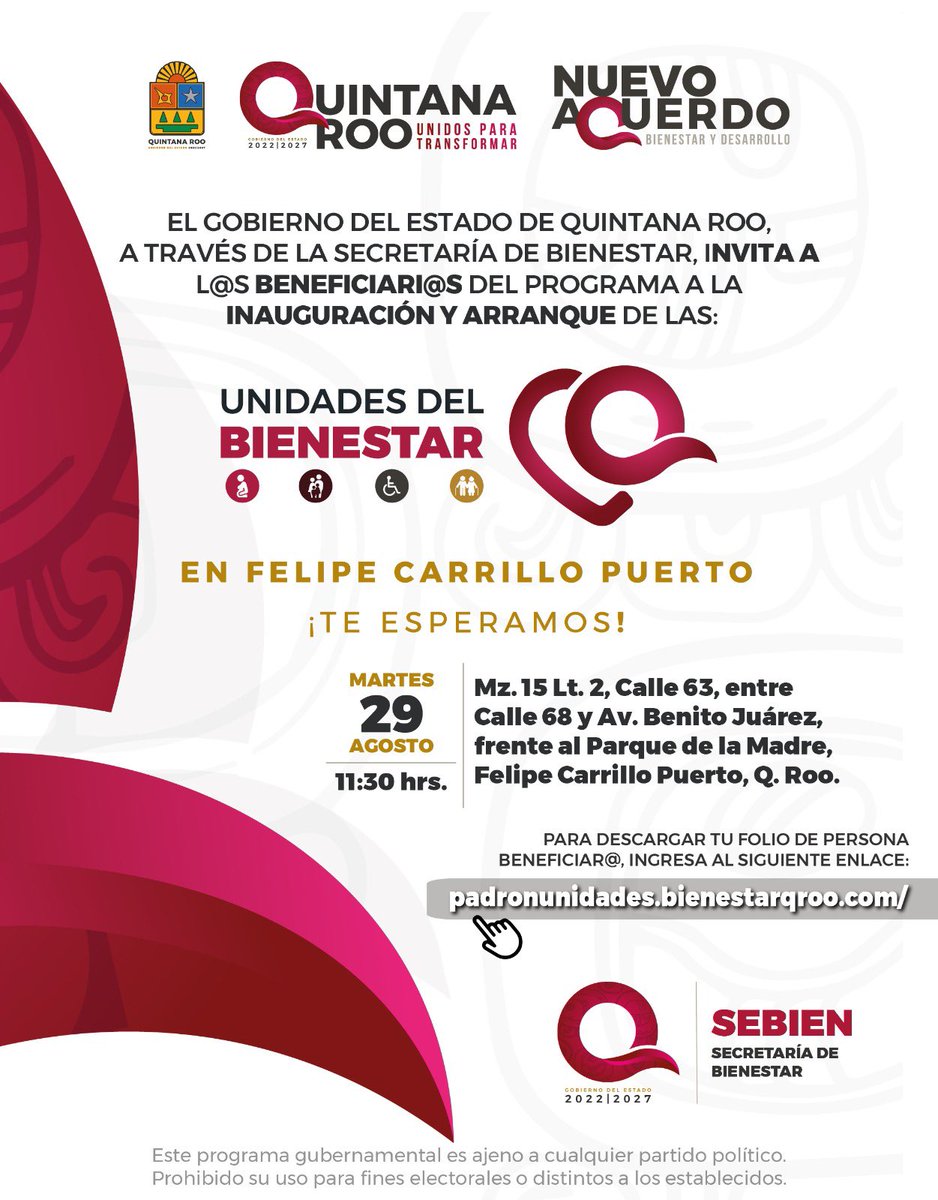 Amig@s carrilloportenses, mañana inauguraremos la #UnidadDelBienestar 🏥, en #FelipeCarrilloPuerto, donde les brindaremos servicios médicos de calidad y totalmente gratuitos.

L@s esperamos a partir de la 11:30 a.m, frente al Parque de la Madre. 🤲🏽

#UnidosParaTransformar