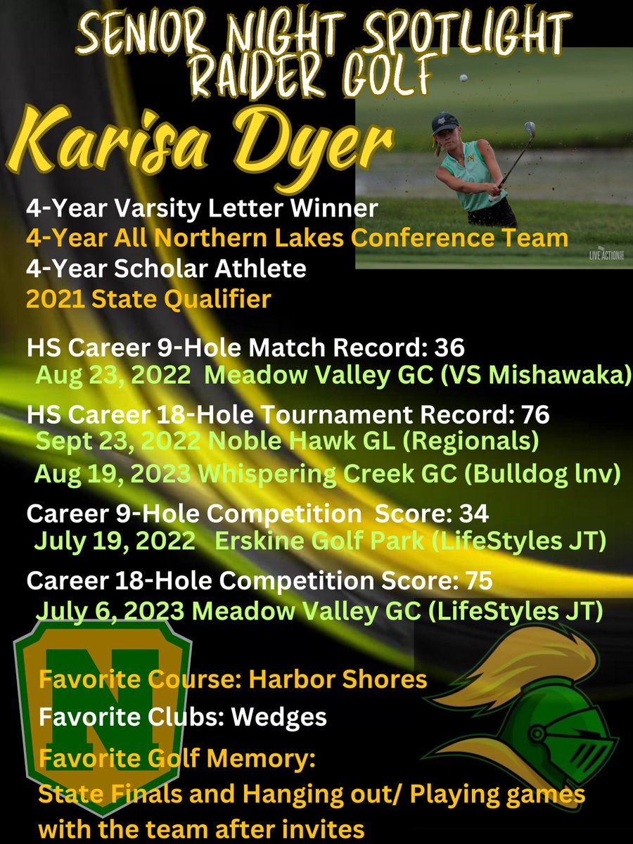 Senior Karisa Dyer! Senior Night is in the books, and it is late at night, but I wanted to let you know a little bit more about this 4 year starter. <a href="/nridgeathletics/">Northridge Athletics</a> <a href="/indianahsgolf/">Indiana HS Golf</a>